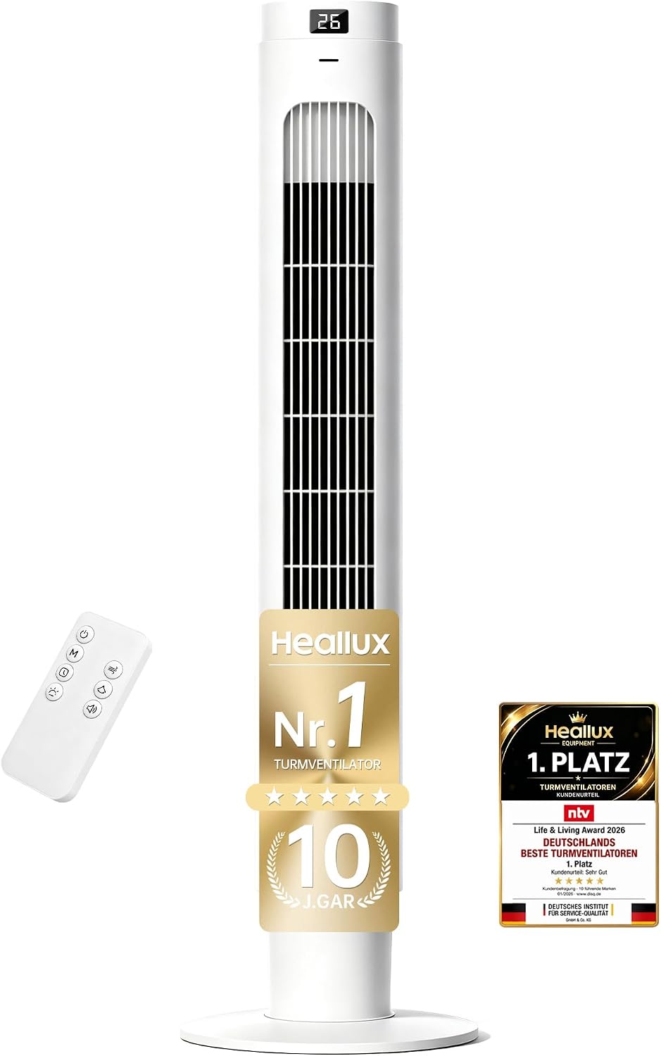 Ventoinha de torre, HEALLUX, Turmventilator, 91cm, 50W, com comando à distância, com temporizador, Branco, para uso diário