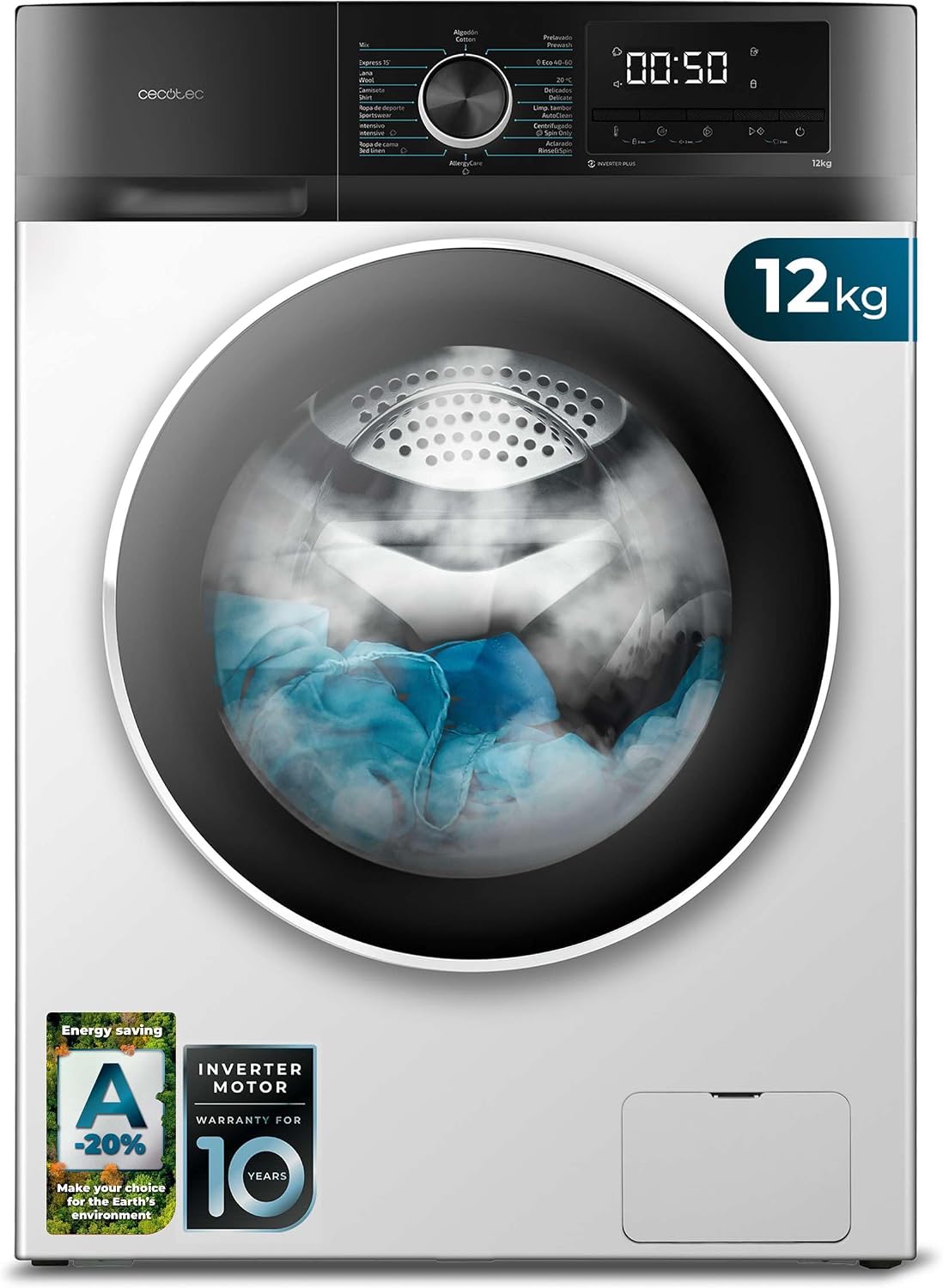 Máquina de lavar roupa, Cecotec, Waschmaschine, 12 kg, 1400 U/min, classe energética A, 16 programas, algodão, tecido, Branco / Preto, para uso diário