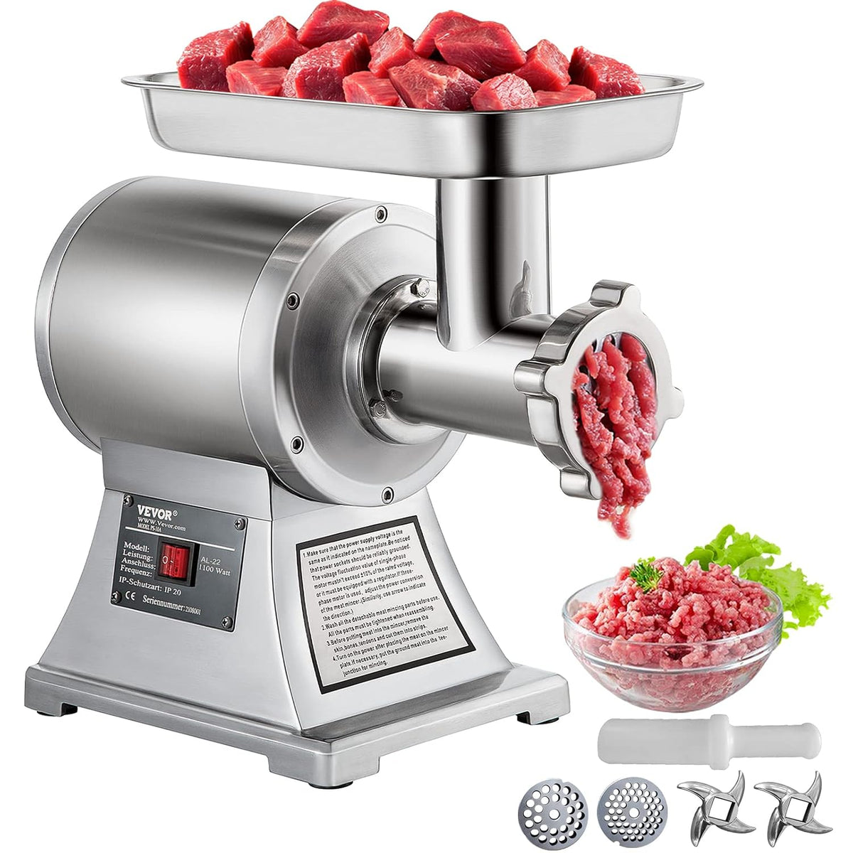 Picadora de carne, SucceBuy, 850 W, 150 kg, 193 U/min, 448 × 210 × 387 mm, com rodas, aço inoxidável, aço, Prateado, para uso diário