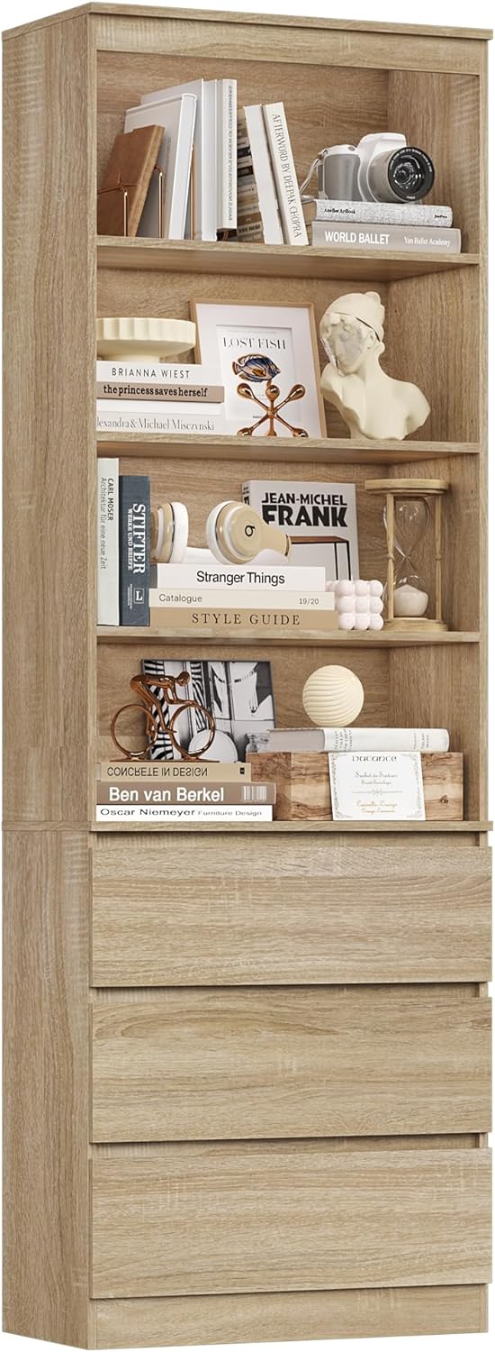 Estante para livros, FirFurd, 202, 202 cm, 202 × 60 × 35 cm, 35 cm, 6 cm, 20 kg, regulável, com gavetas, com prateleiras, madeira, Eiche