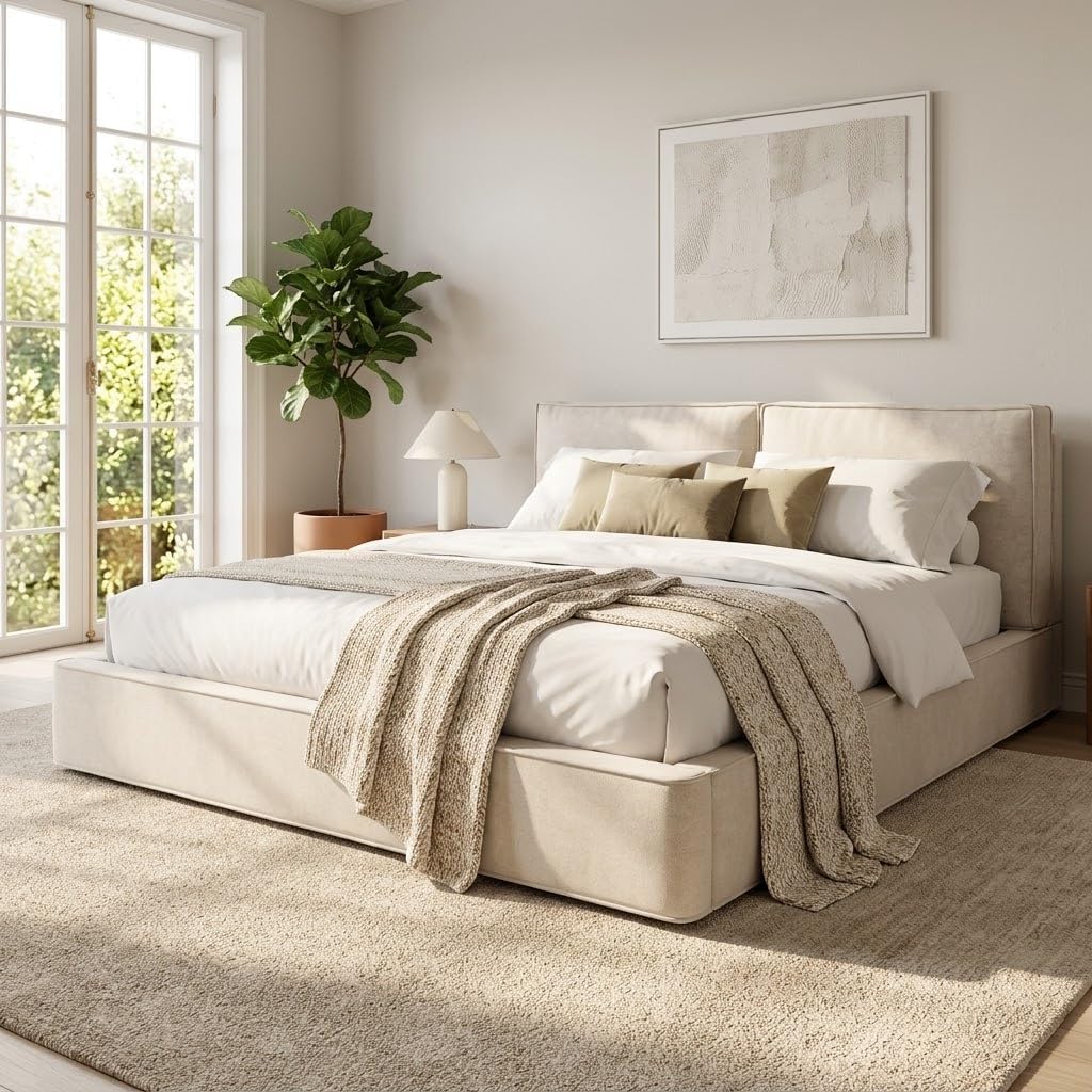 Cama, Merax, Polsterbett, 180 × 200 cm, 13 cm, sem colchão, tecido, Bege, para o quarto