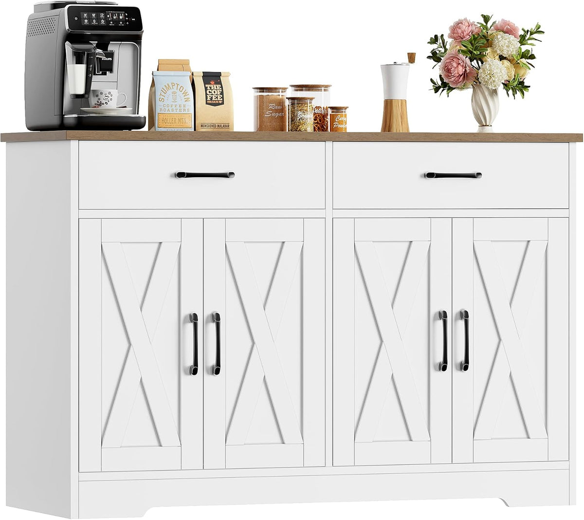 Aparador, HOCSOK, Sideboard, 120cm, resistente à água, com gavetas, com prateleiras, madeira, Branco / Castanho, para uso diário
