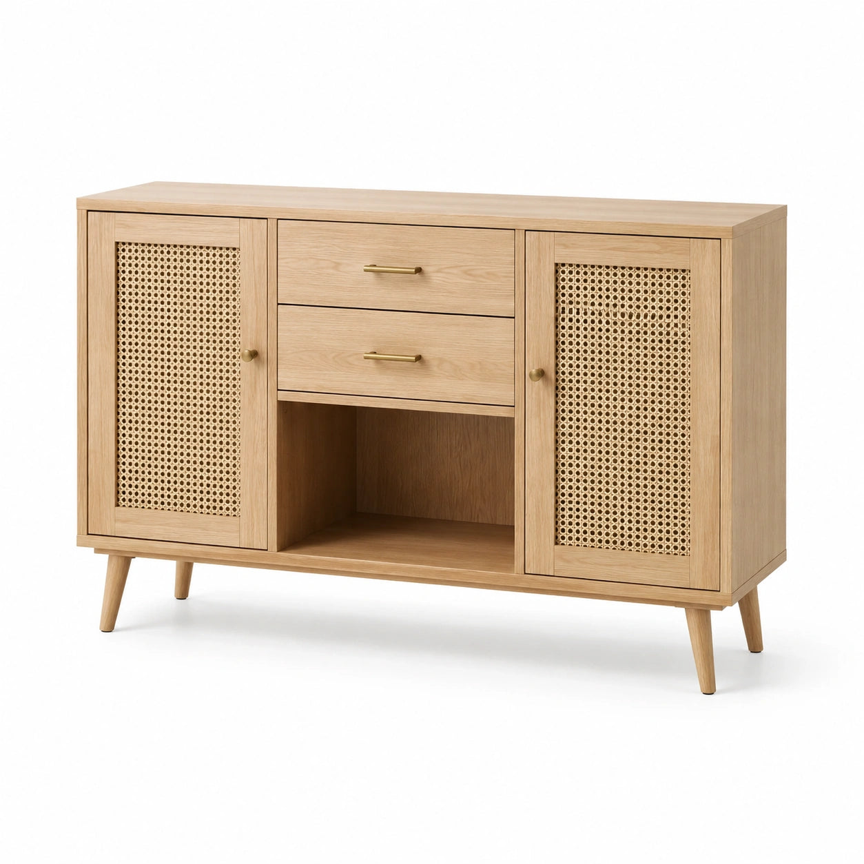 Aparador de madera de roble y rejilla de ratán, 120 cm