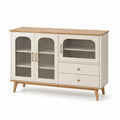 Aparador de MDF con puertas de vidrio acanalado y tapa de madera clara 120x80x30 cm