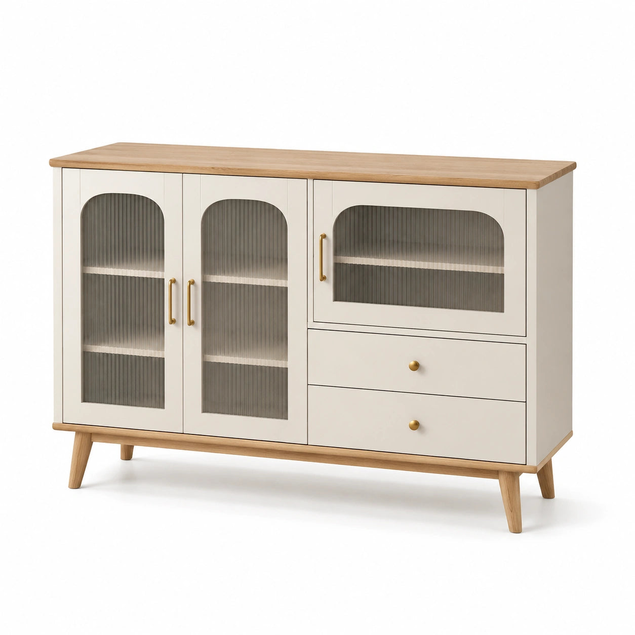Aparador de MDF con puertas de vidrio acanalado y tapa de madera clara 120x80x30 cm
