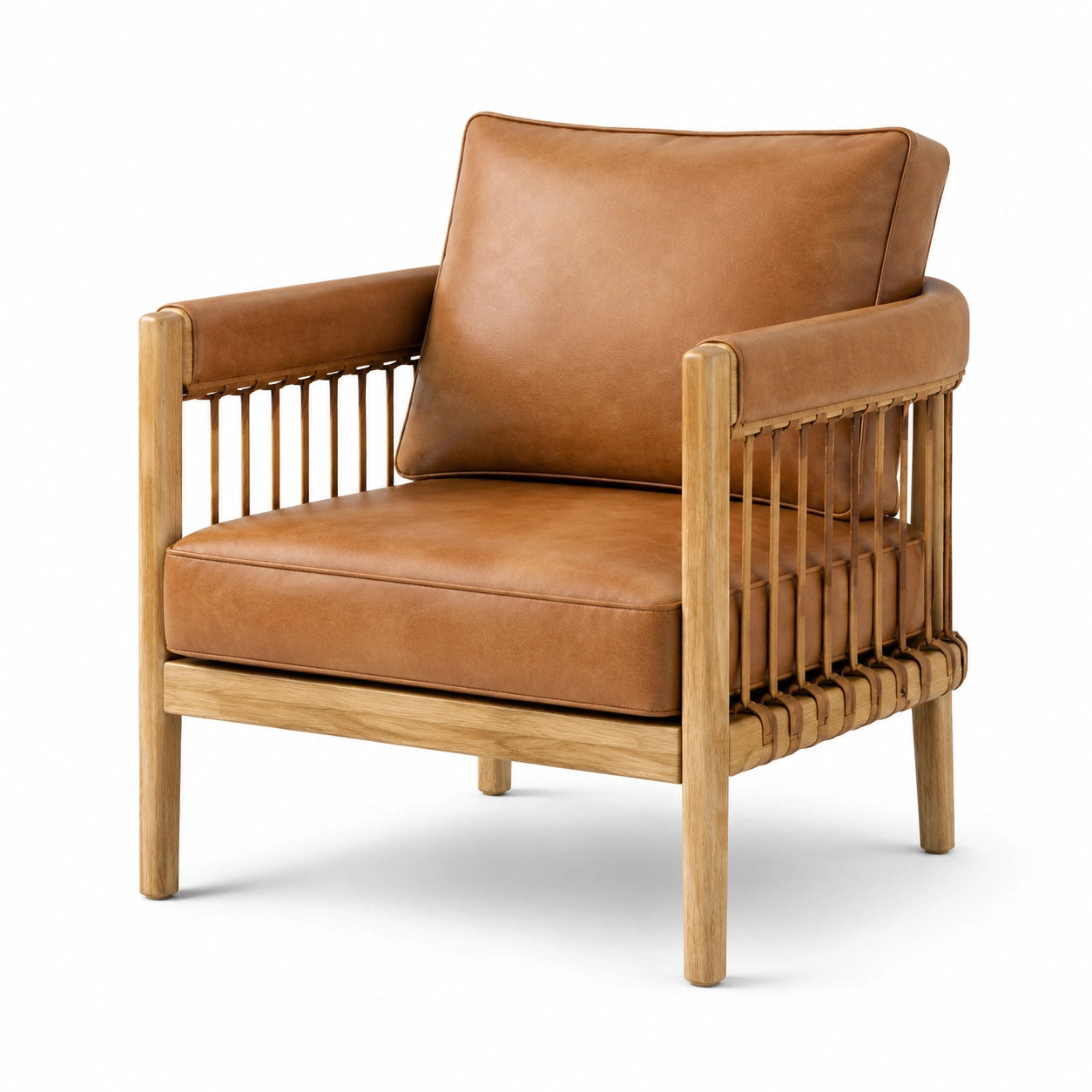 Sillón de piel sintética marrón y madera de roble