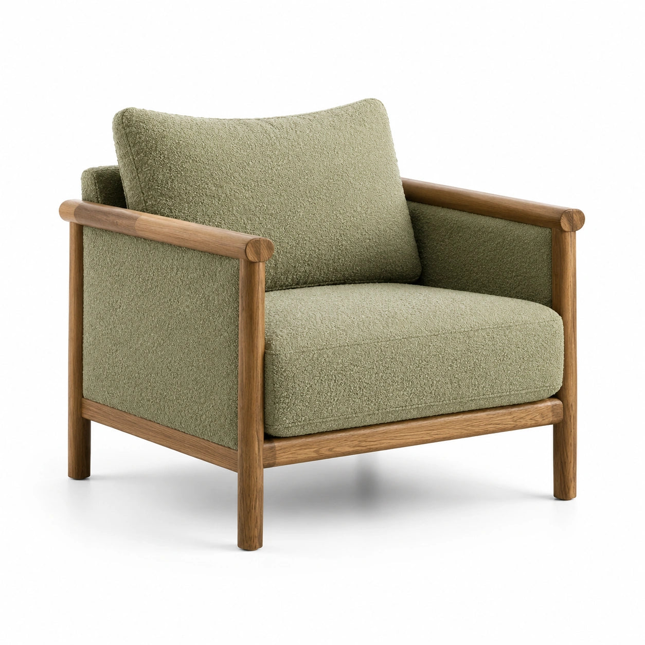 Sillón de madera con tapizado bouclé verde