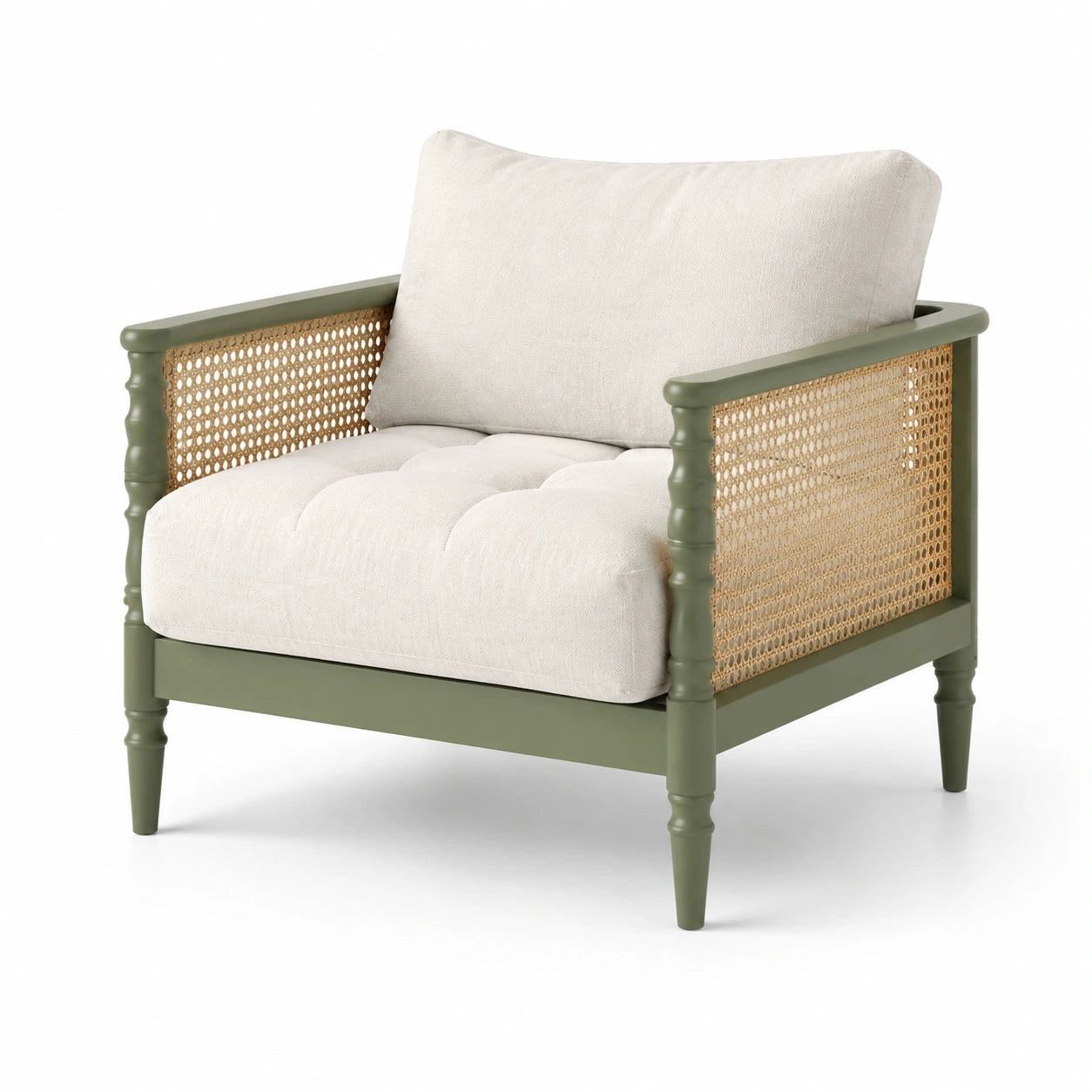 Sillón de lino beige con estructura de madera maciza y ratán verde