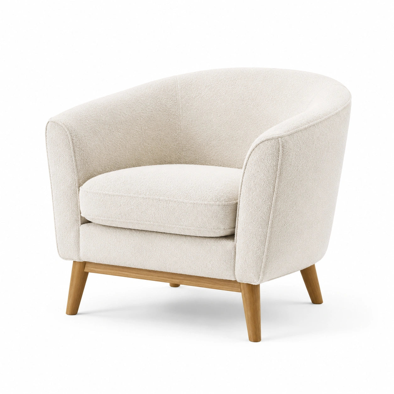 Sillón beige de tela bouclé con base de madera