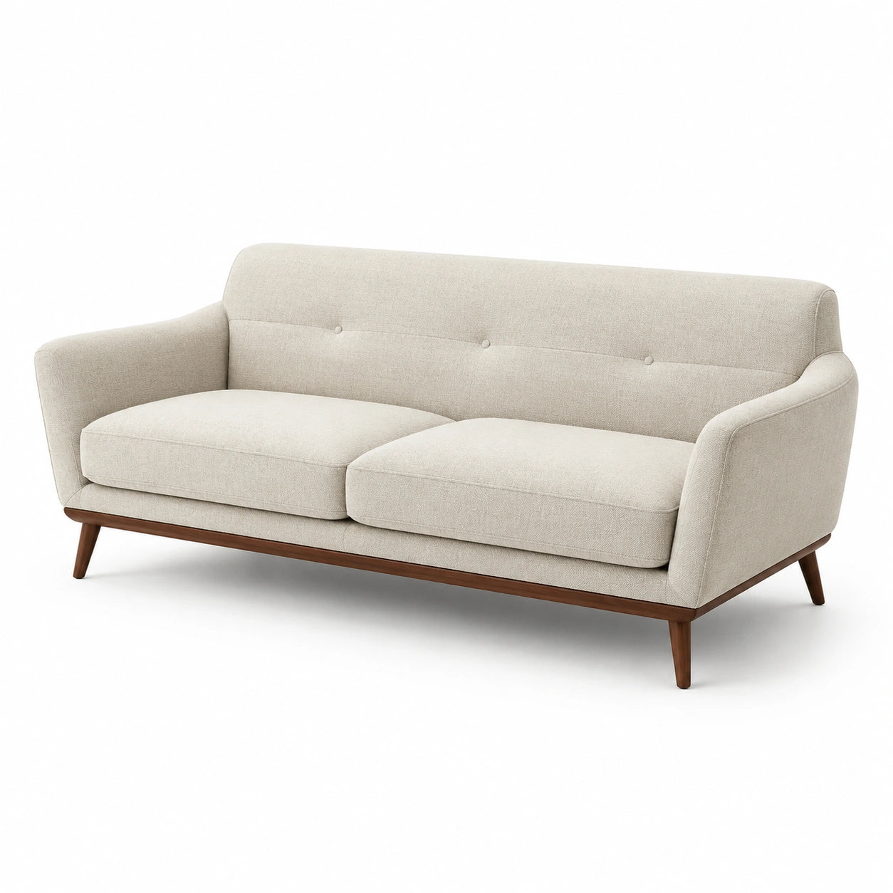 Sofá de tres plazas de poliéster beige con estructura de madera
