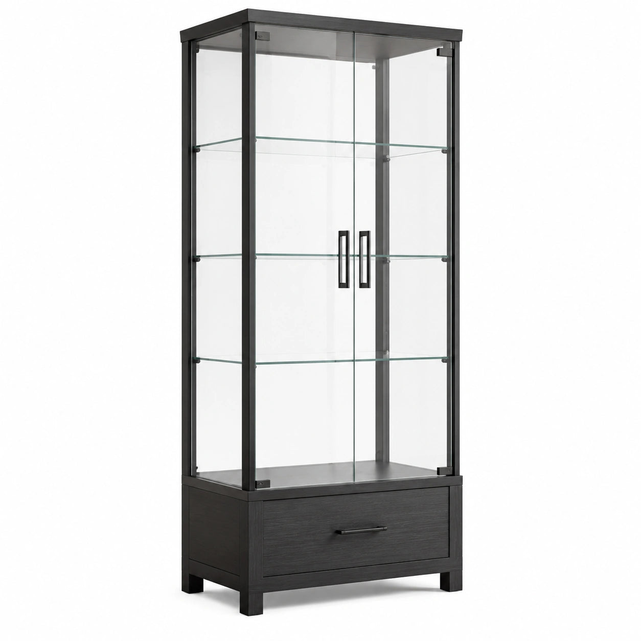 Vitrina de metal negro con estantes de vidrio templado
