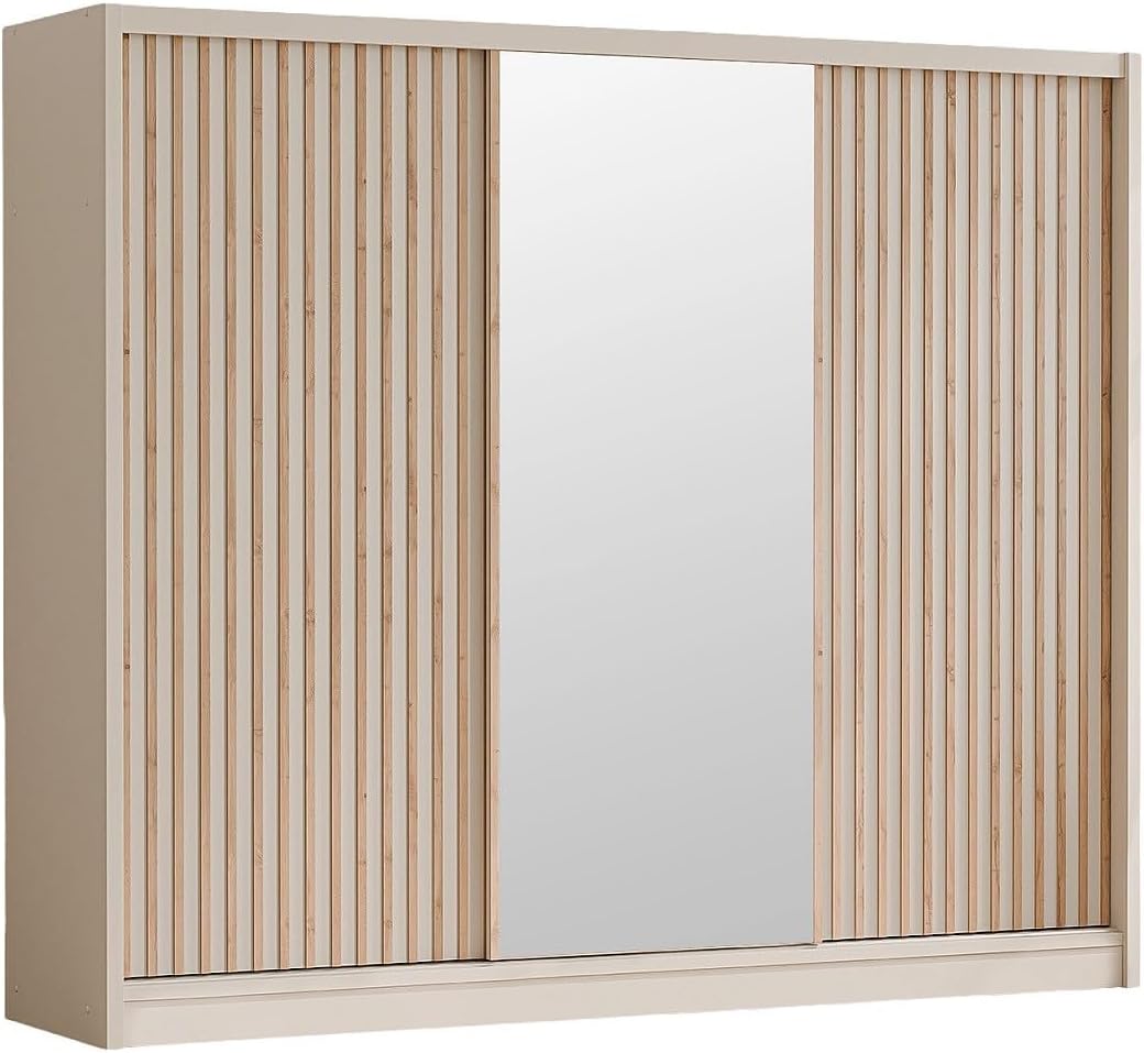 Roupeiro, Vente-unique, 250 cm, 215 cm, 250 × 61 × 215 cm, com gavetas, madeira, Bege, para o quarto