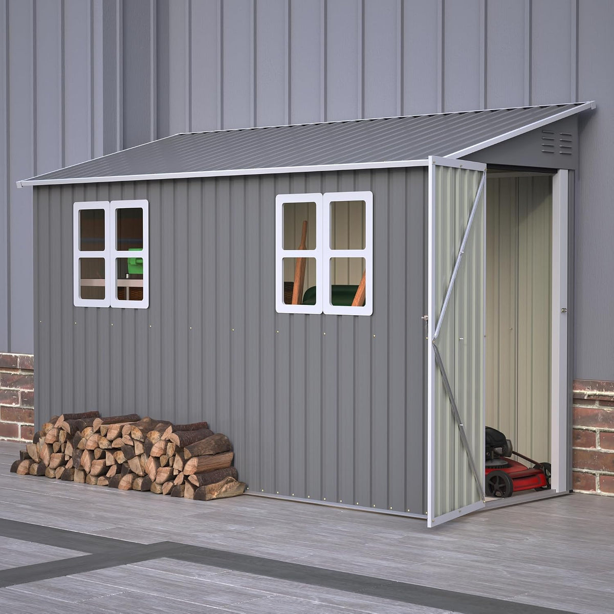 Abrigo de jardim, eisaro, 6 cm, 53,7 kg, 291 × 110,8 × 188,6 cm, com rodas, aço, metal, Cinzento, para utilização no exterior