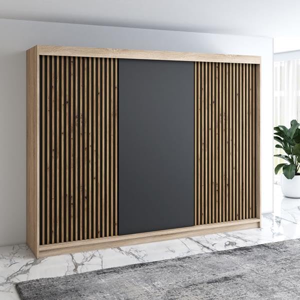 Roupeiro, A&J MöbelLand, Schwebet, 200 cm, 215 cm, 59,5 cm, com gavetas, com prateleiras, com portas, alumínio, painel de madeira, Sonoma / Preto
