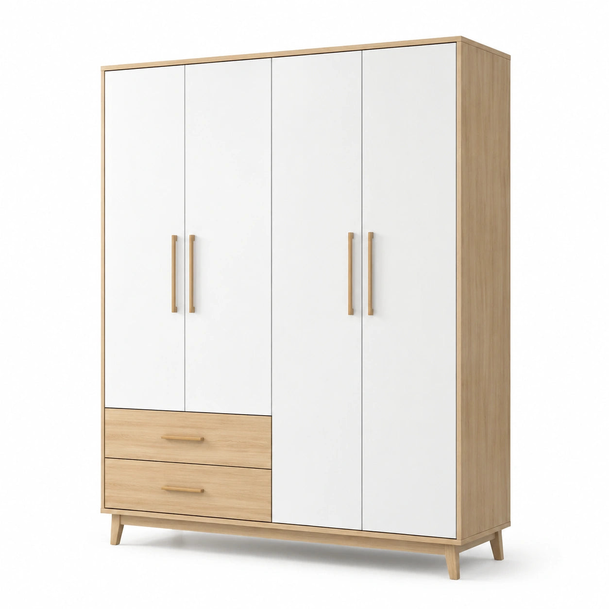Armario de madera contrachapada de 4 puertas y 2 cajones en blanco y roble