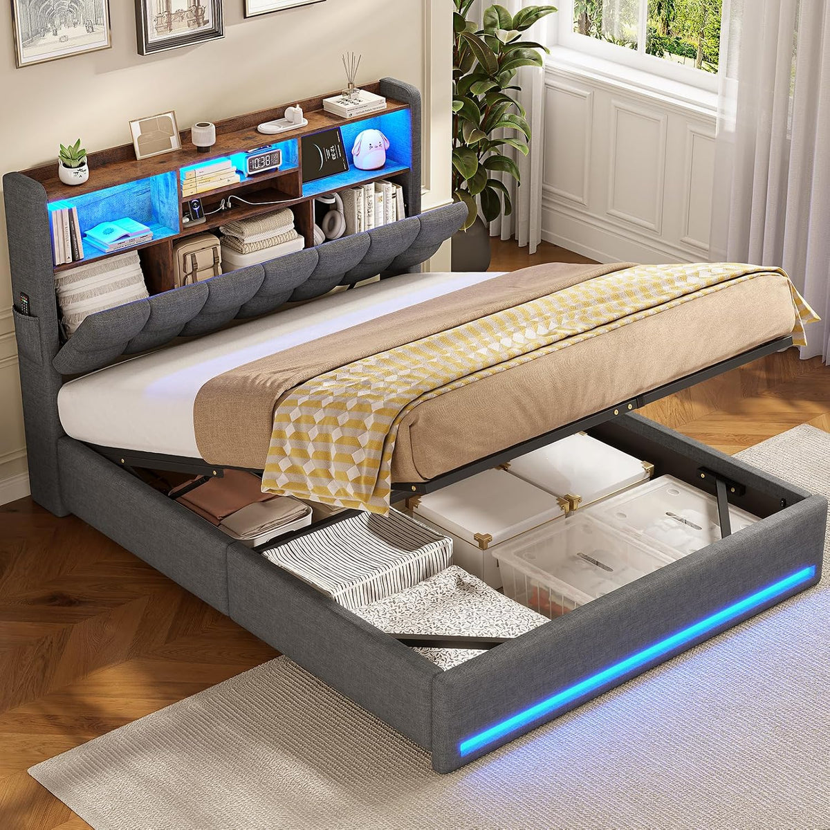 Cama, AOGLLATI, Polsterbett, 140 × 200cm, 30 cm, com iluminação LED, com comando à distância, com prateleiras, madeira, Cinzento, para o quarto