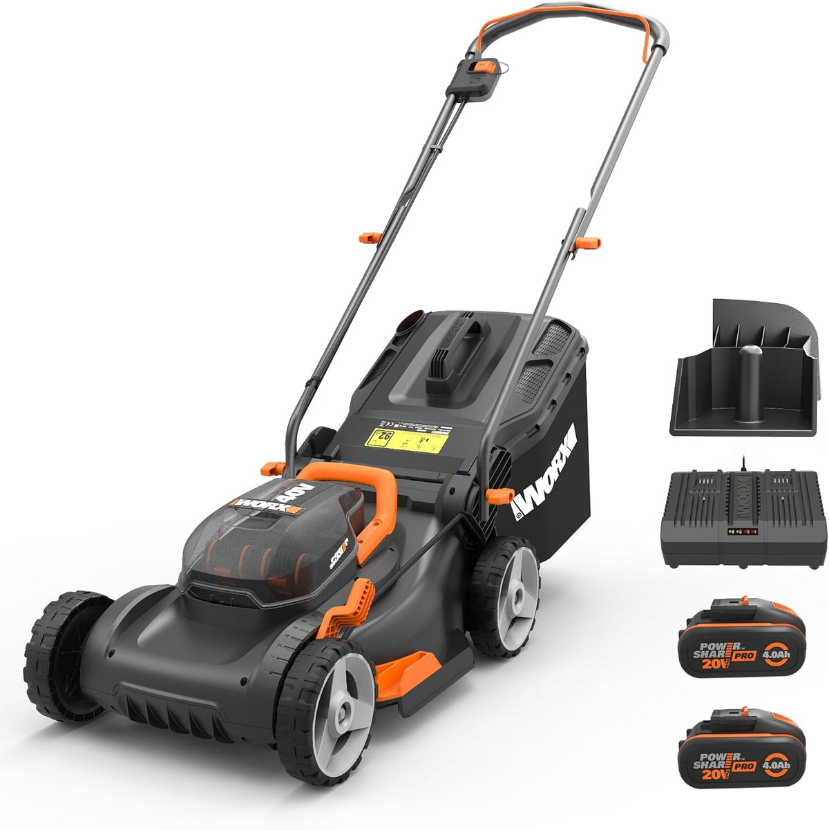 Corta-relva, WORX, WG743E, 40V, 4Ah, 20V, 4.0Ah, dobrável, com bateria, com carregador, Preto / Laranja, para utilização no exterior