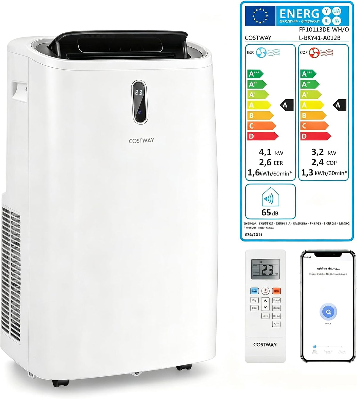 Ar condicionado portátil, COSTWAY, 14000BTU, 4100W, 57dB, com comando à distância, com temporizador, com controlo por aplicação, Branco