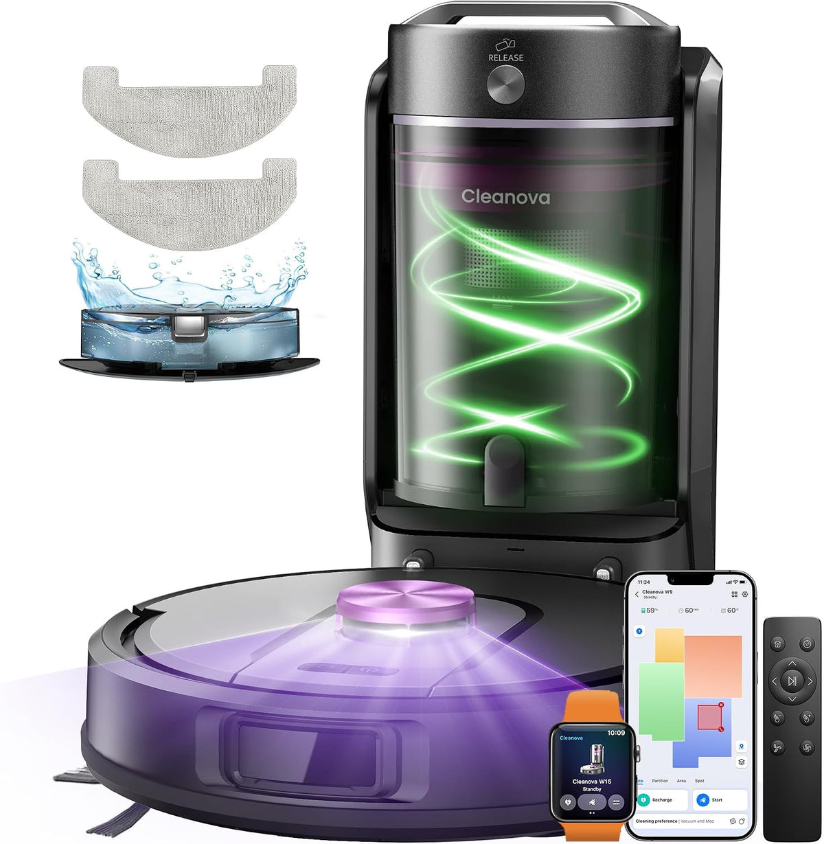 Robô aspirador, Vexilar, W15, 60 dB, Preto / Verde / Roxo, para uso diário