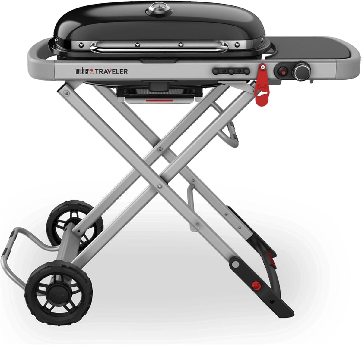Grelhador a gás, Weber, Traveler, 111 cm, 3,8 kW, 34 cm, 63 × 34 cm, dobrável, com rodas, Preto / Prateado, para utilização no exterior