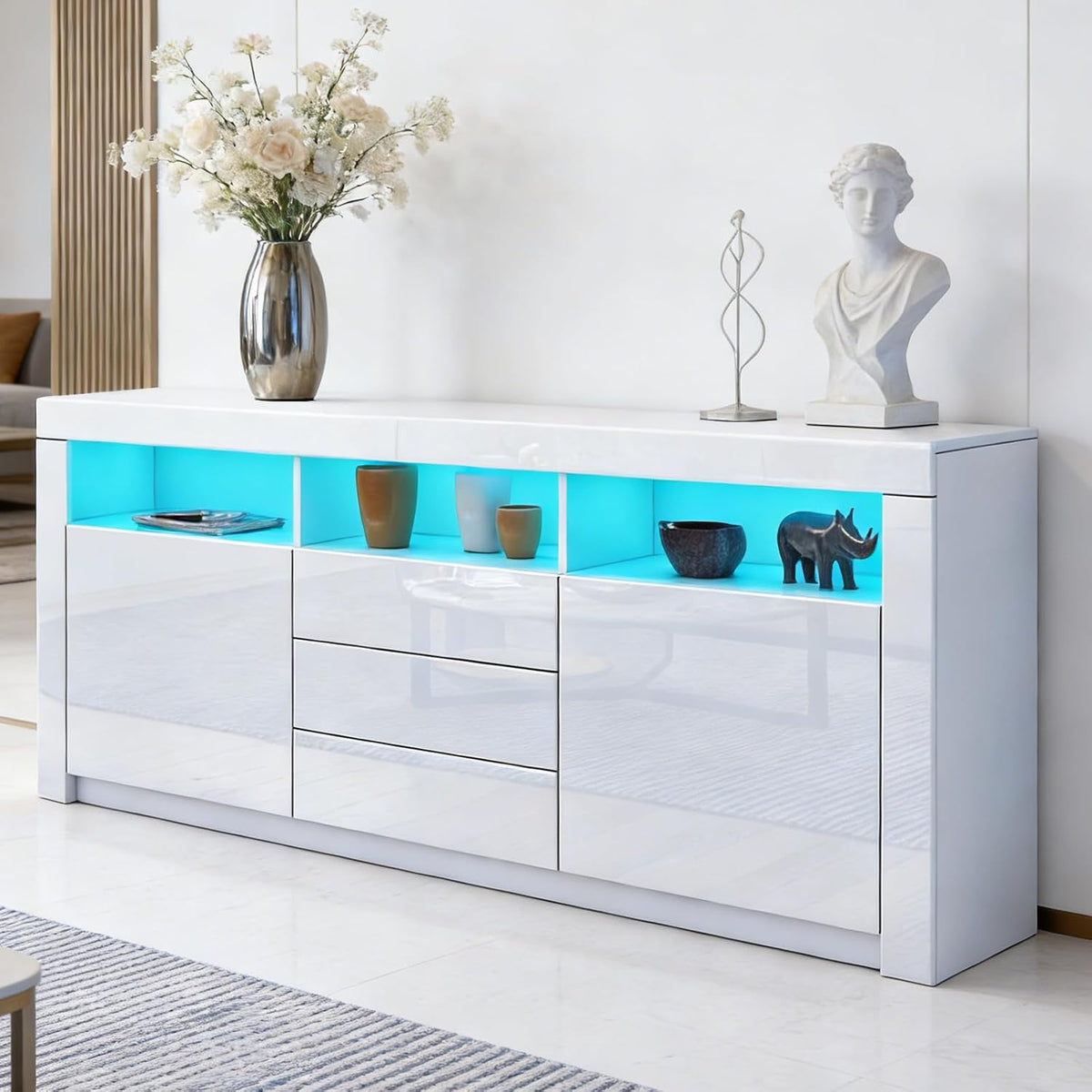 Aparador, Senvoziii, 160 × 35 × 72cm, com gavetas, com portas, painel de madeira, Branco, para uso diário