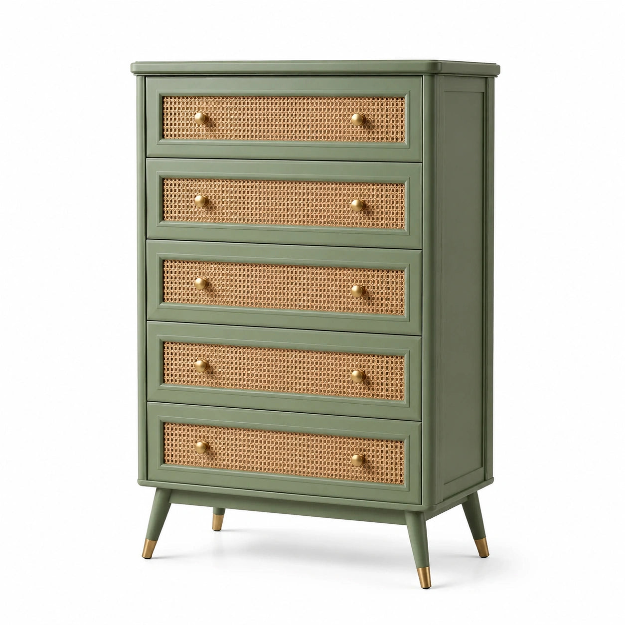 Cajonera de Madera Verde con Frente de Ratán y 5 Cajones
