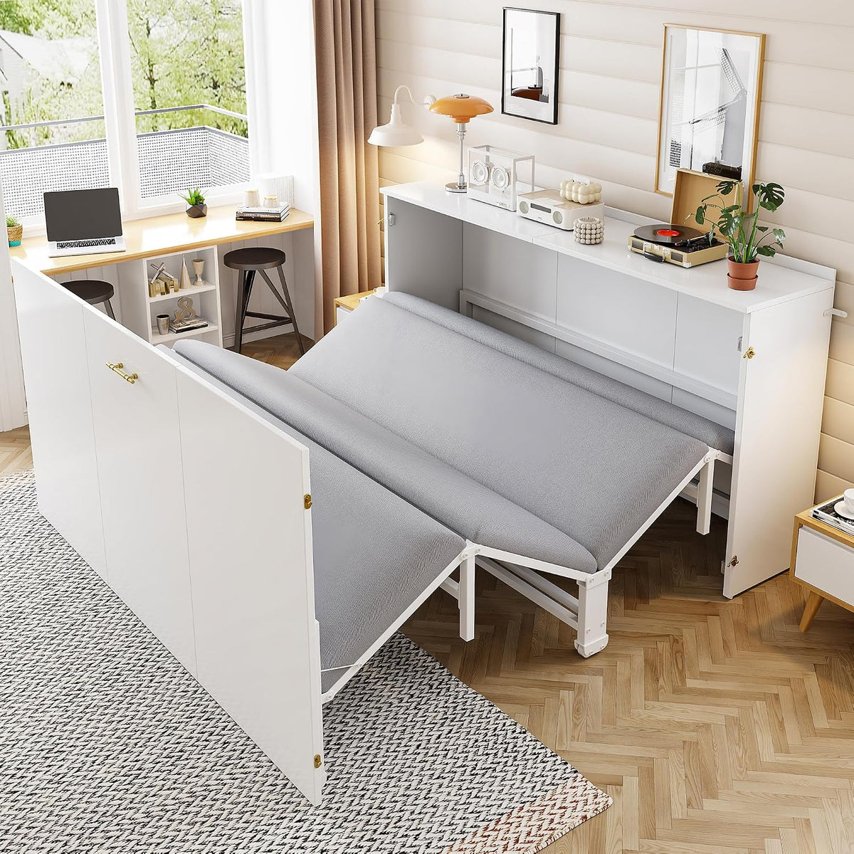 Cama, Jovify, 140 × 200cm, dobrável, com rodas, com colchão, madeira, metal, Branco / Cinzento, para o quarto