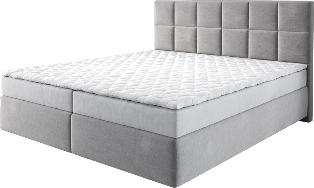 Cama box spring, DELIFE, Boxspringbett, 180 × 200 cm, 56 cm, 3 cm, com colchão, alumínio, poliéster, Cinzento / Branco, para o quarto