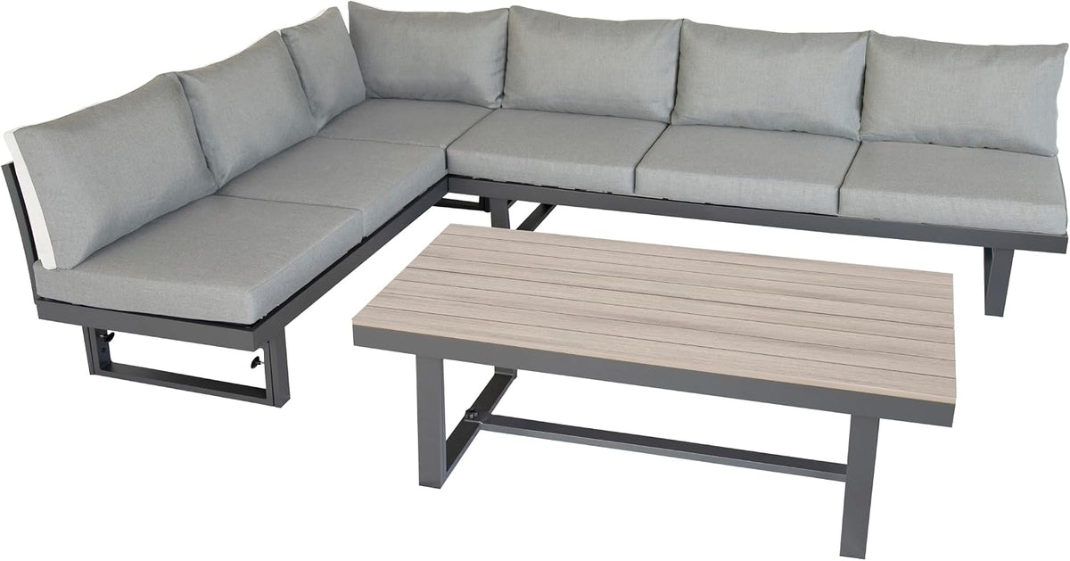 Conjunto de mobiliário de jardim, Green Spirit, altura regulável, regulável, com prateleiras, alumínio, ratã, Cinzento / Holz