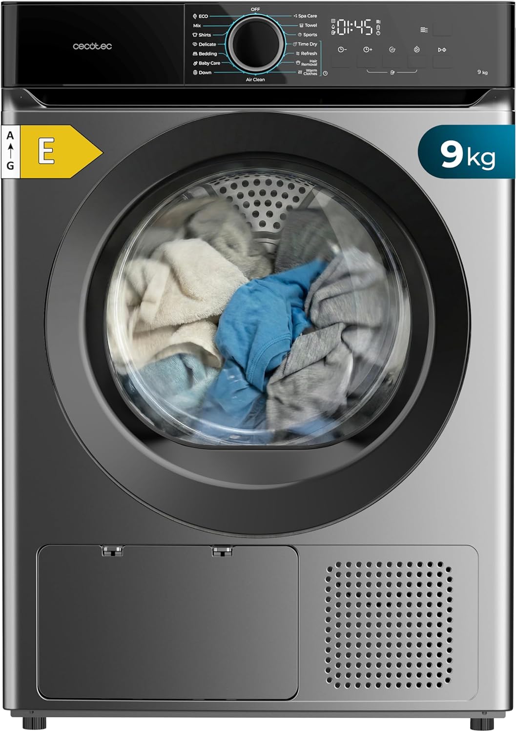Máquina de secar roupa, Cecotec, 9 kg, 15 programas, classe energética E, Preto / Prateado, para uso diário