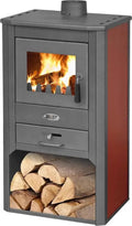 Salamandra, Blist, 9 kW, 93 cm, 58 kg, 49 × 46 × 93 cm, 2 níveis, aço, madeira, Cinzento / Bordeaux, para uso diário