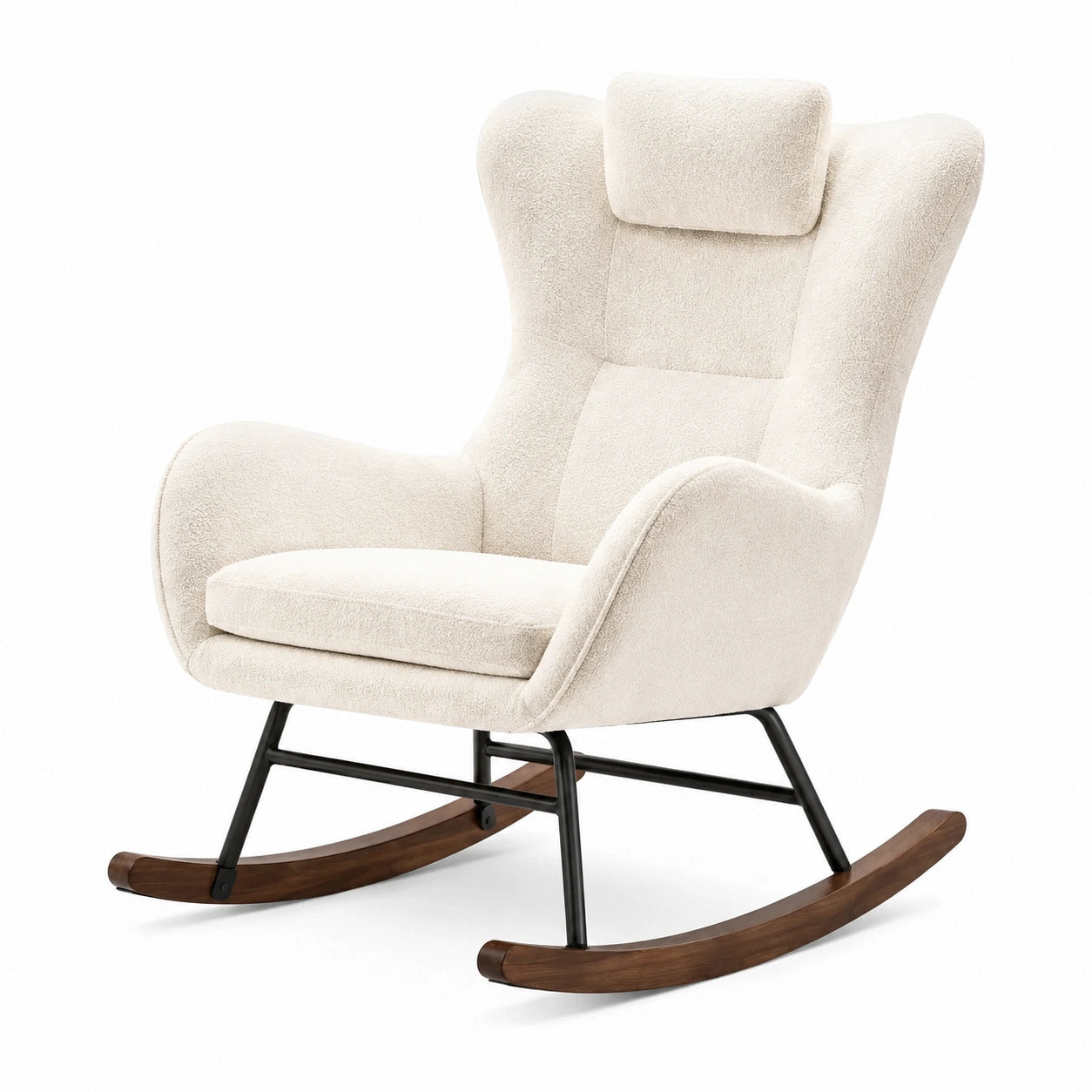 Mecedora de tela con estructura metálica y patas de madera beige 75x95x105 cm
