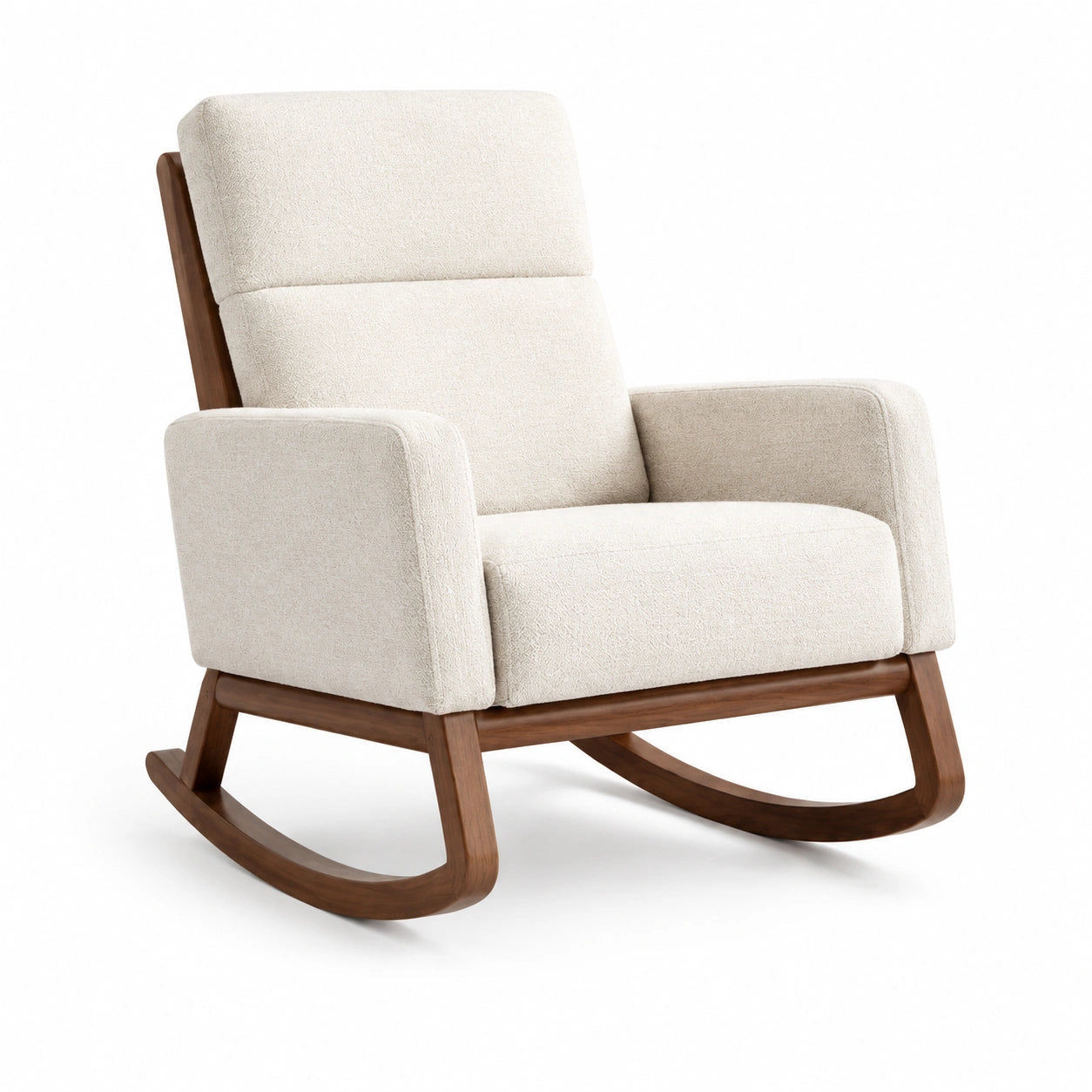 Mecedora de poliéster beige con base de madera maciza