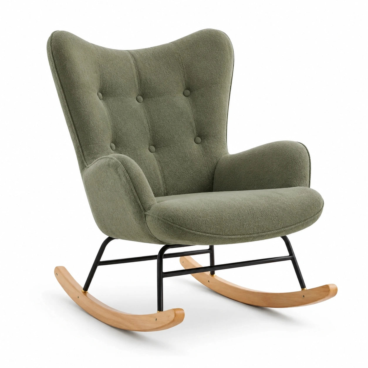 Mecedora de poliéster verde con estructura de acero y madera de haya