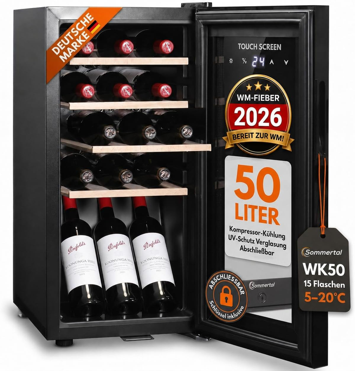 Frigorífico para bebidas, Sommertal, Weink, com iluminação LED, madeira, Preto, para uso diário