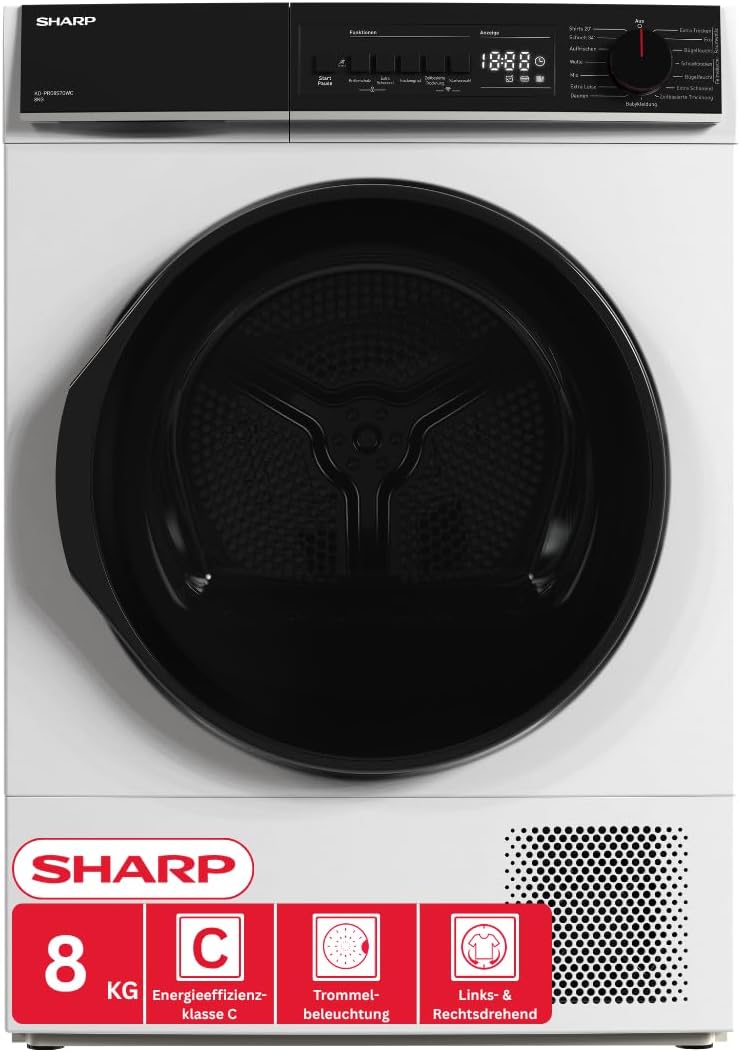 Máquina de secar roupa, SHARP, KD-PRO8S7GWC-DE, 8kg, classe energética C, com iluminação LED, com controlo por aplicação, aço inoxidável, aço
