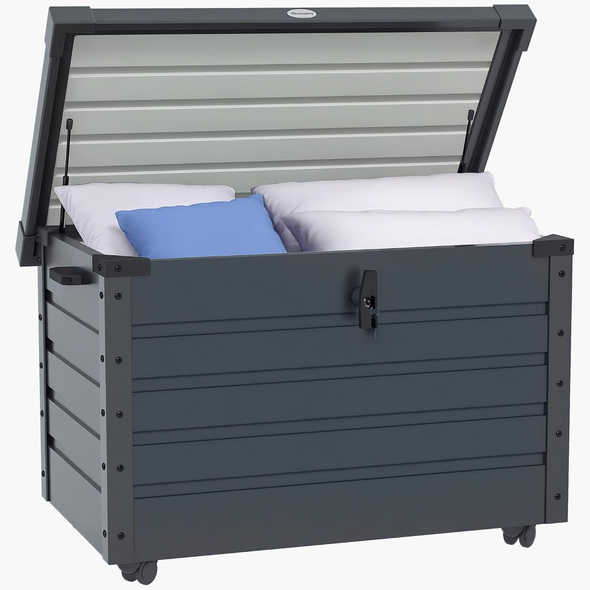 Caixa de arrumação, Outsunny, Gartenbox, 62cm, 100 × 62cm, 100L, 50 kg, resistente à água, com rodas, aço, plástico, DunkelCinzento, para uso diário