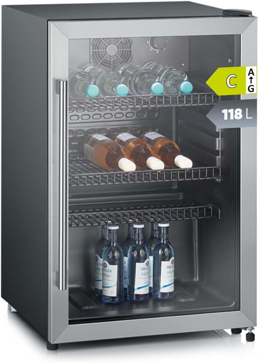 Frigorífico para bebidas, SEVERIN, Flaschenk, 118 L, 0,33L, 237 L, 248 L, 0,5 L, altura regulável, regulável, com iluminação LED, aço inoxidável, aço