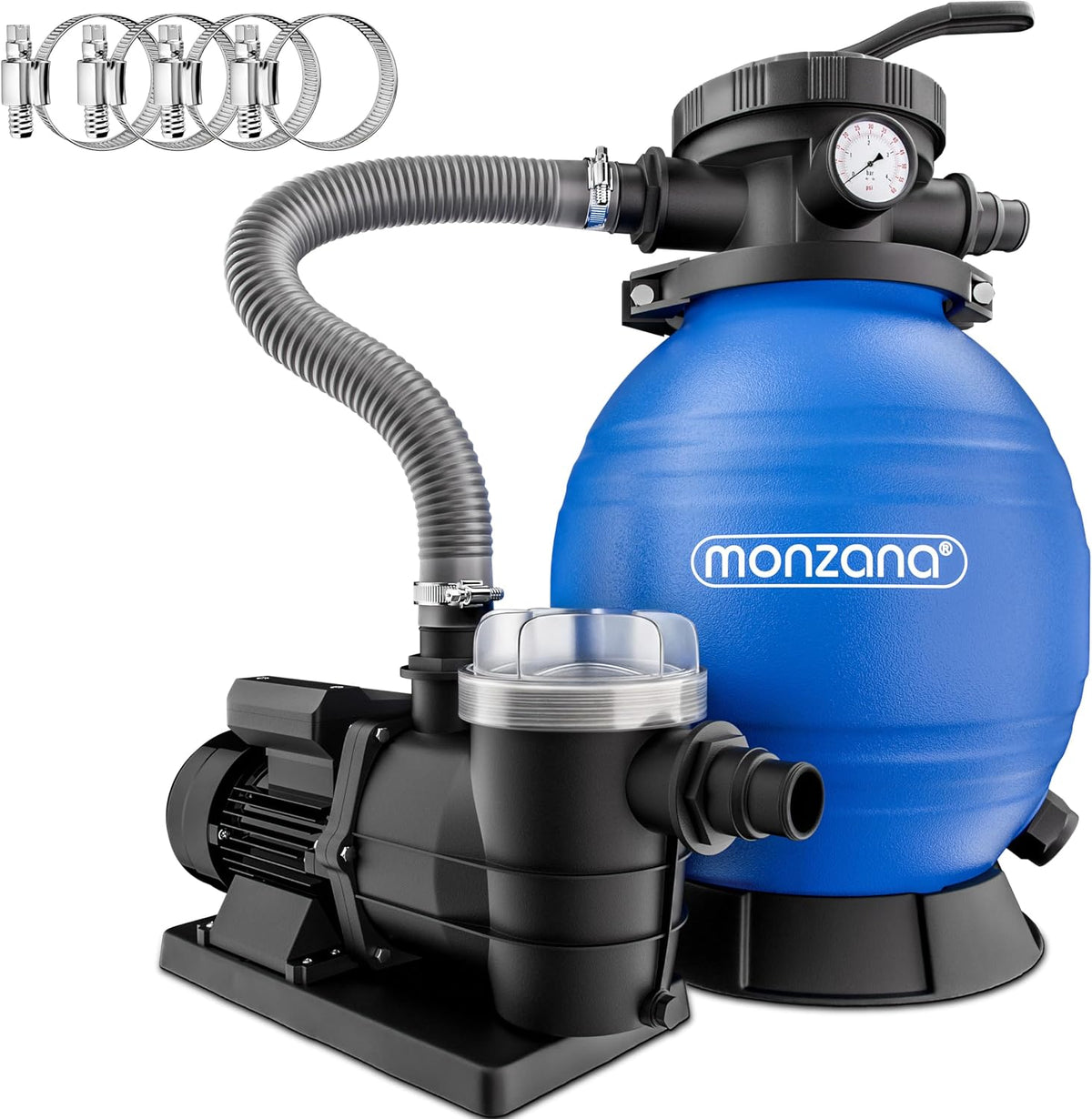 Filtro, Monzana, Sandfilteranlage, 9600L/h, 30.000L, 9.600 l/h, 9.600L, 400W, plástico, metal, Azul / Preto, para uso diário