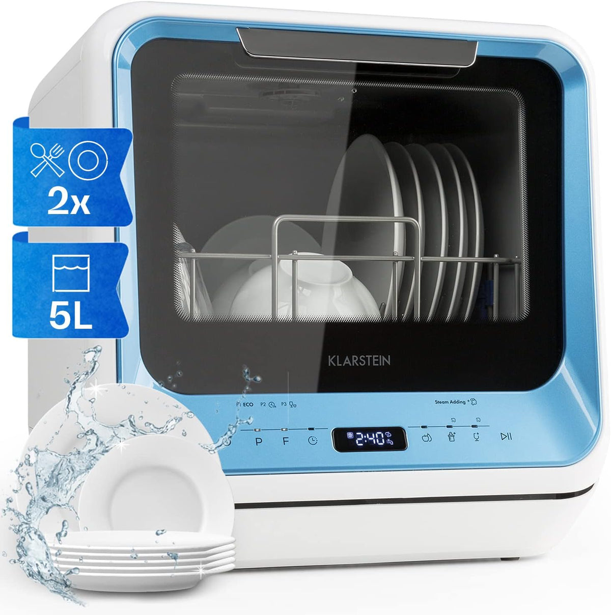 Klarstein, Máquina de lavar loiça, Amazonia, 5L, 58dB, classe energética D, 7 programas, vidro, Azul / Branco, para uso diário