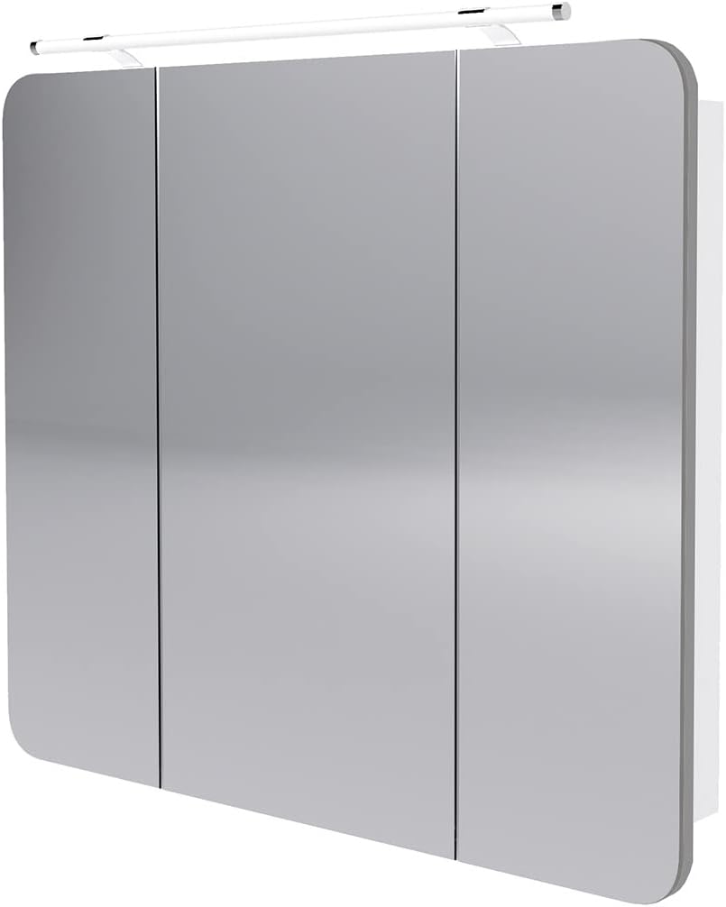 Armário com espelho, BadeDu, NES, 90cm, com iluminação LED, com portas, madeira, Branco / Cinzento, para uso diário