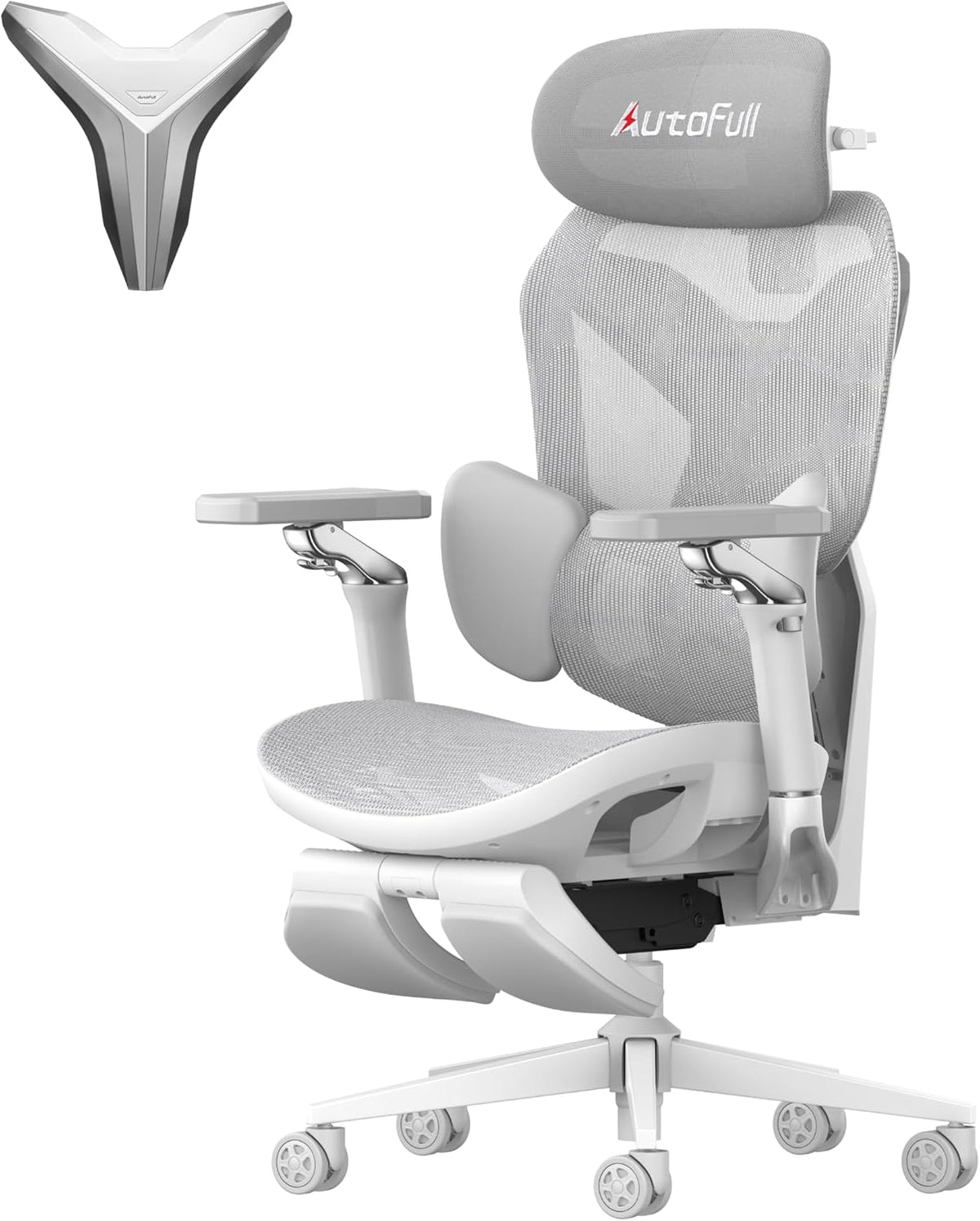 Cadeira gaming, AutoFull, 200 kg, 6 níveis, 5 níveis, dobrável, com portas, Cinzento / Branco, para uso diário