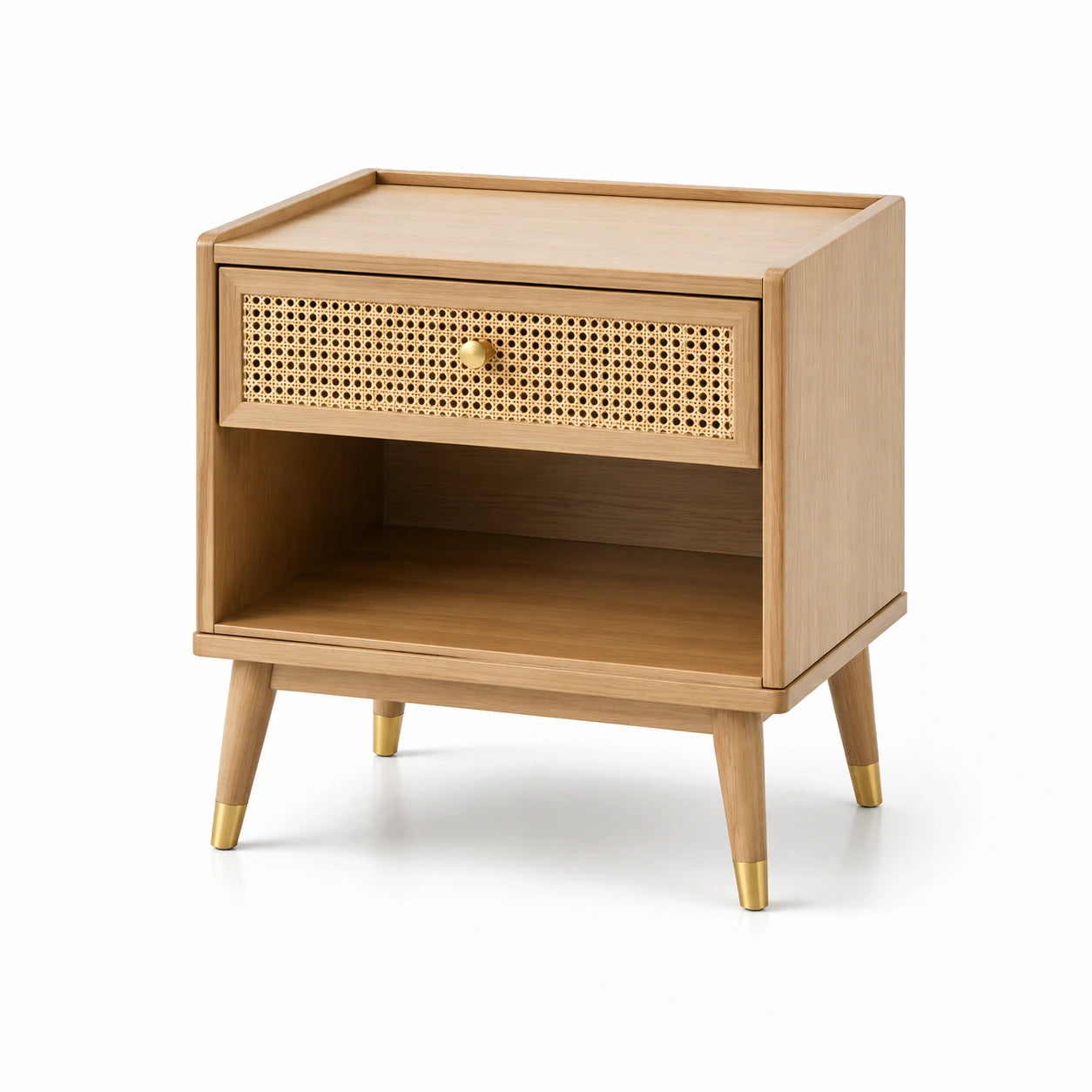 Mesita de noche de madera con cajón de ratán