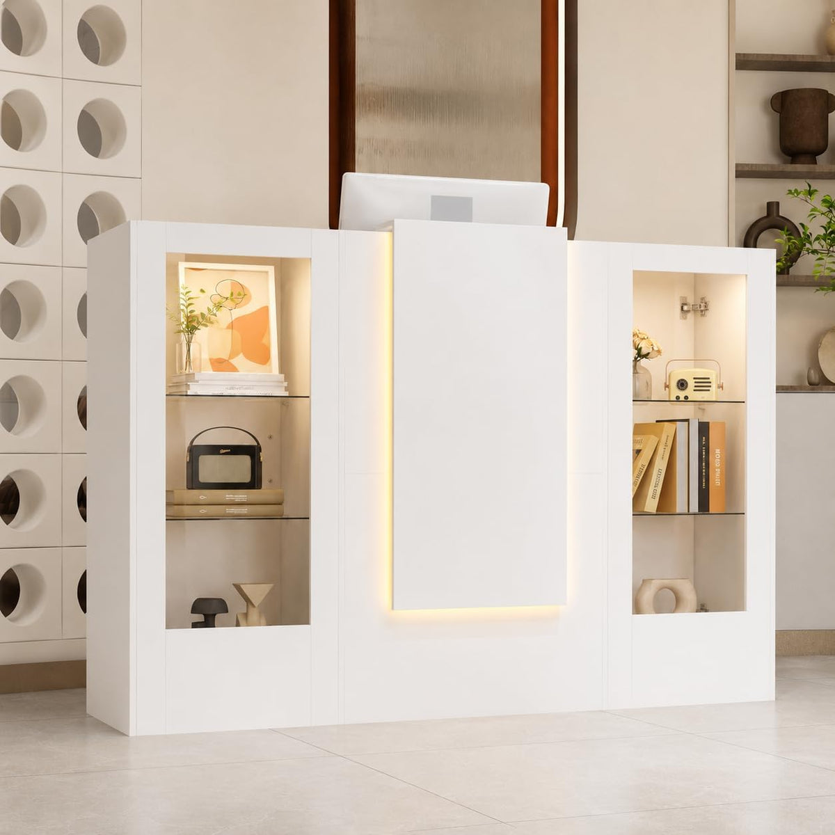 Balcão de receção, Caldion, Empfangstheke, 150 × 51 × 103cm, com iluminação LED, com comando à distância, vidro, painel de madeira, Branco