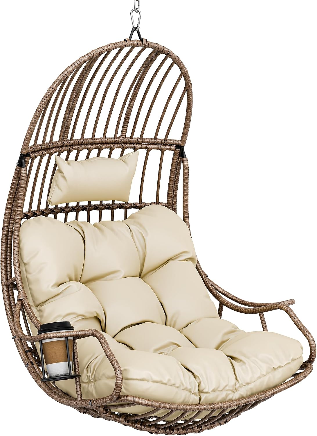 Cadeira suspensa, YITAHOME, 150 kg, 195 cm, 126 cm, 82cm, aço, ratã, Bege / Castanho, para uso diário