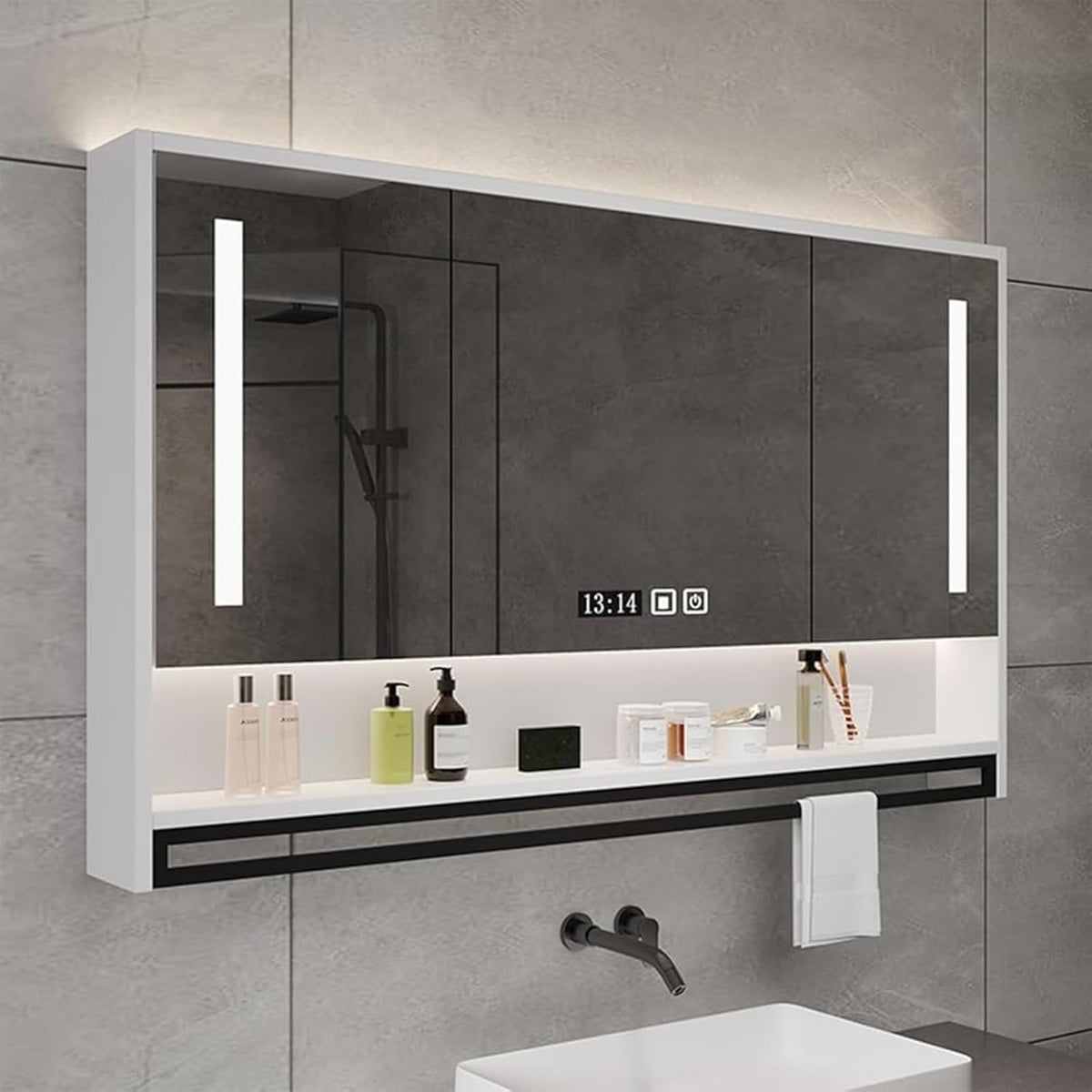 Armário com espelho, GEESDF, 100cm, regulável, com iluminação LED, com prateleiras, madeira, vidro, Branco / Preto, para uso diário