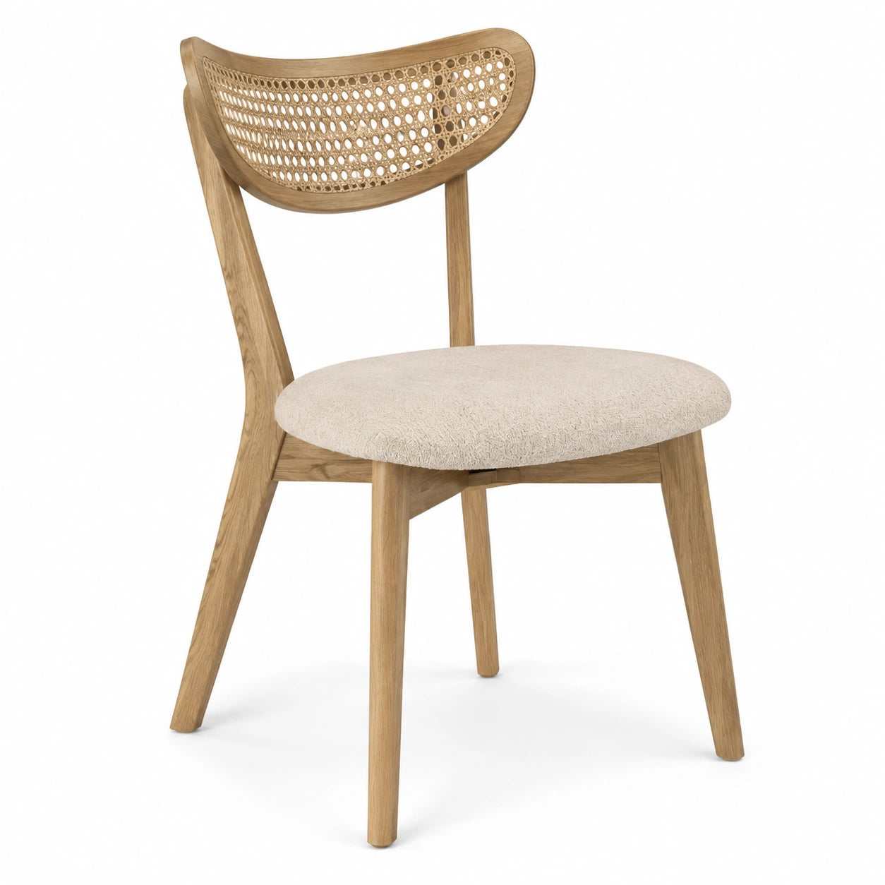 Silla de comedor de roble y ratán con asiento de poliéster beige
