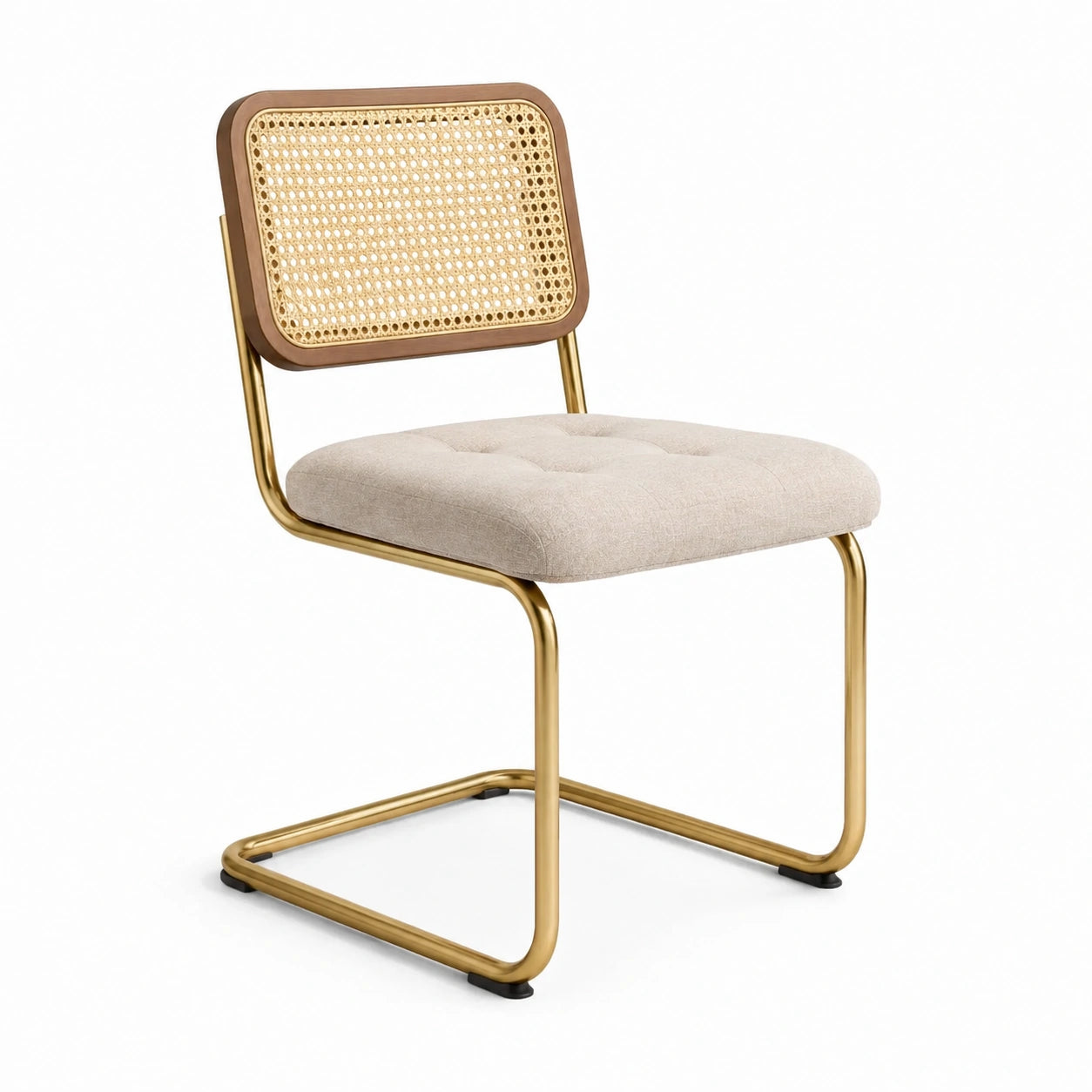 Silla de comedor de acero con respaldo de ratán y asiento de lino beige