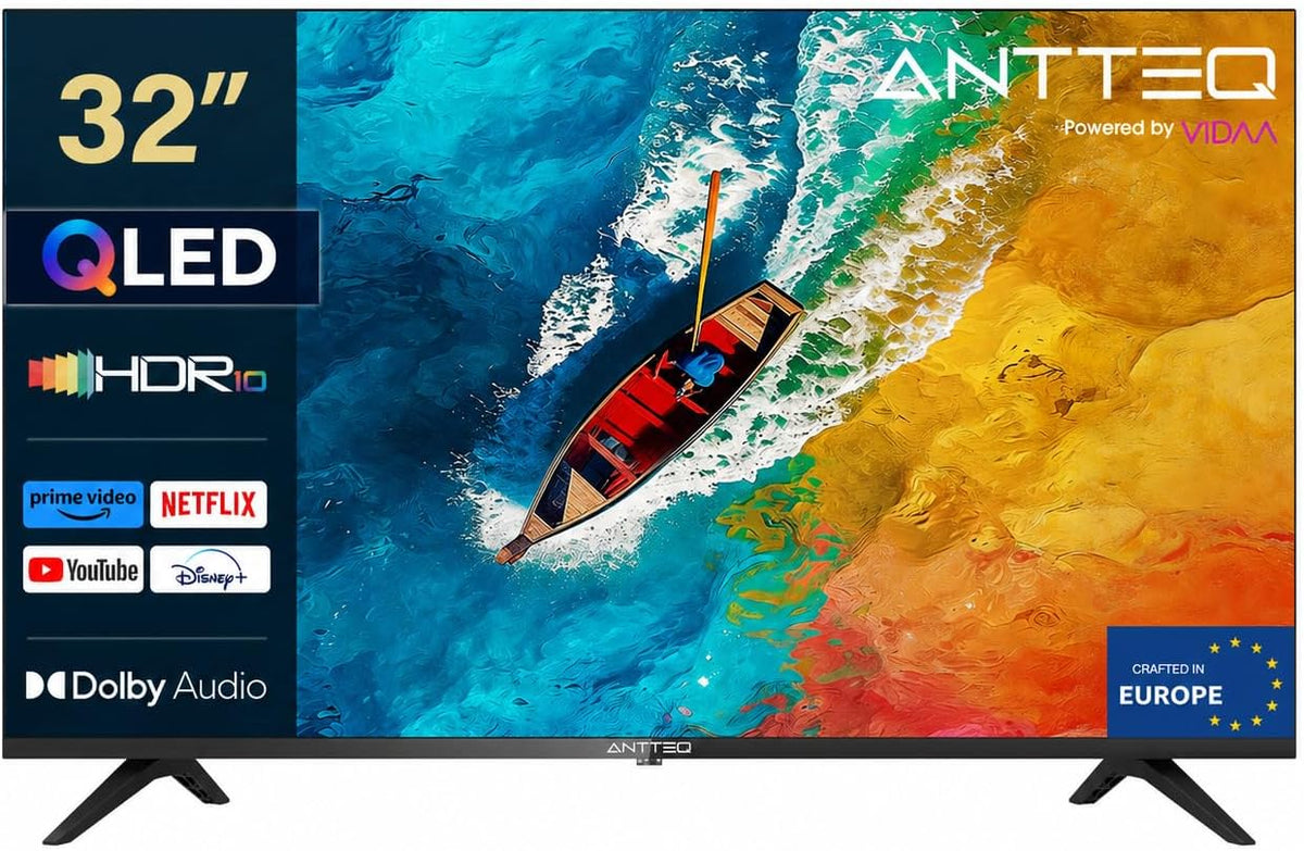 Televisor portátil, Antteq, AV32H5Q, 12,5 kg, Classe E, com iluminação LED, com controlo por aplicação, plástico, vidro, Multicolor, para a sala