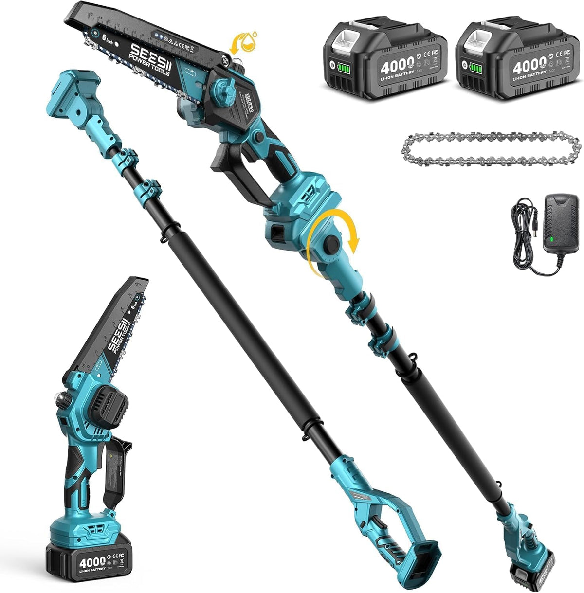 Motosserra, Seesii, 2-in-1, 18V, com bateria, Preto / Azul, para utilização no exterior